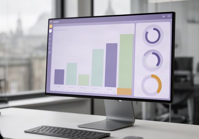 Native Mac finance dashboard with monthly reporting charts in a Glasgow office